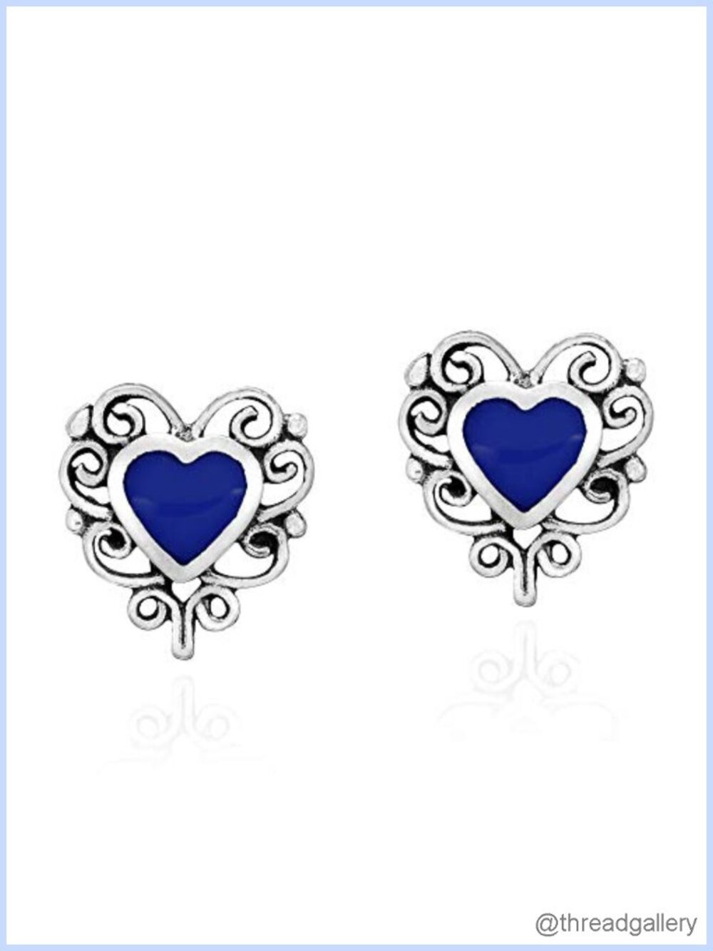 Sterling Silver Filigree Heart Stud Earrings Simulated Lapis Inlay